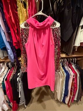 Hot Pink Sequin-Trim Halter Dress